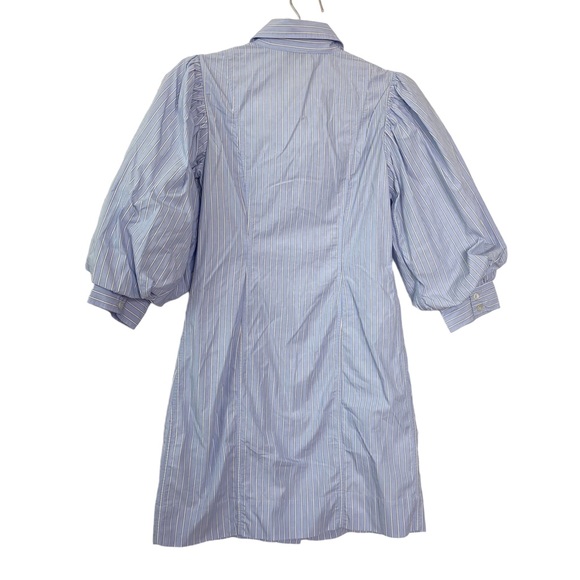 Ganni Blue Cotton Striped Button Front Balloon Sleeve Shirt Dress Mini - Picture 4 of 8